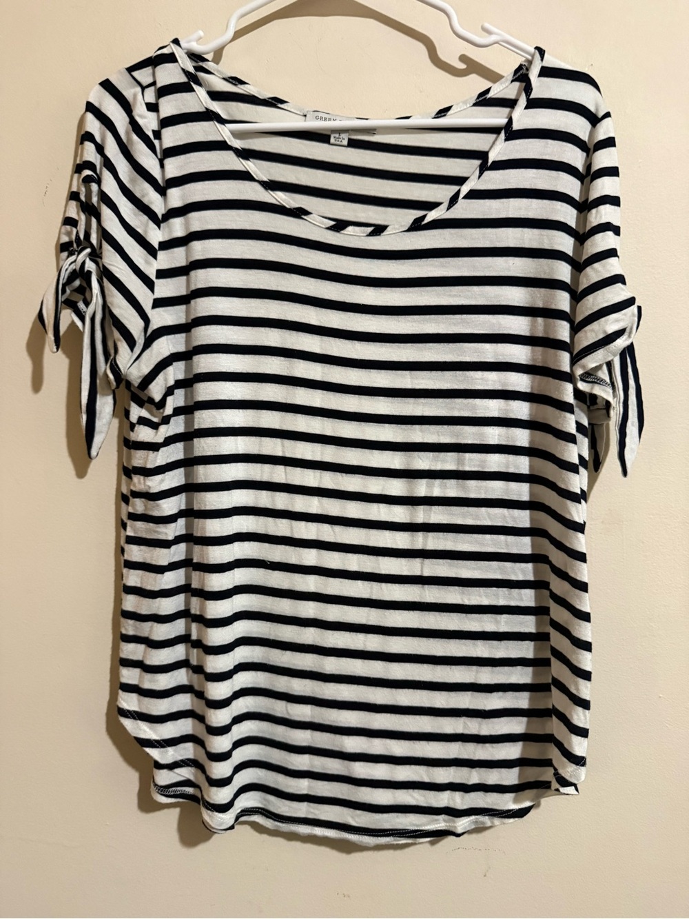 Green Envelope Black & White Striped Tie-Sleeve Top